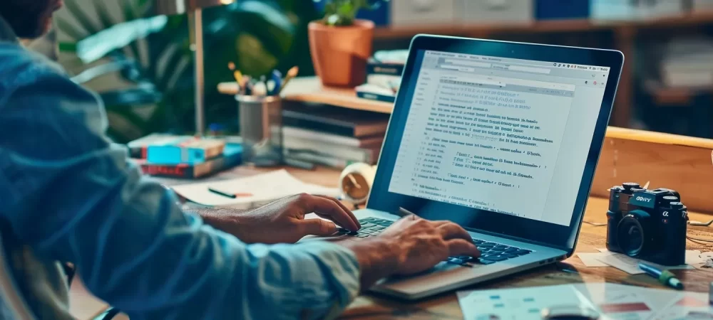 A person typing on a laptop, focused on creating email marketing campaigns for publishers