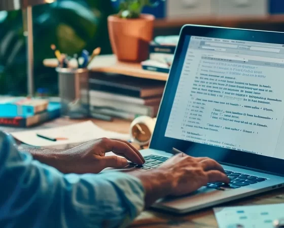 A person typing on a laptop, focused on creating email marketing campaigns for publishers